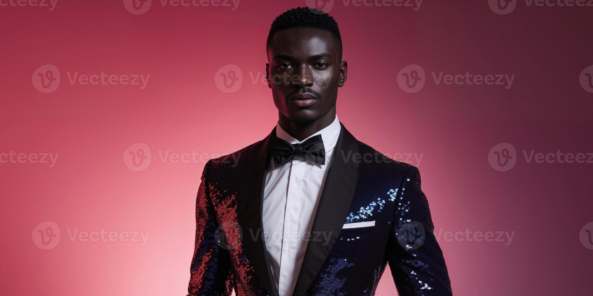 African male in sequin suit with bow tie in stylish red and pink lighting photo