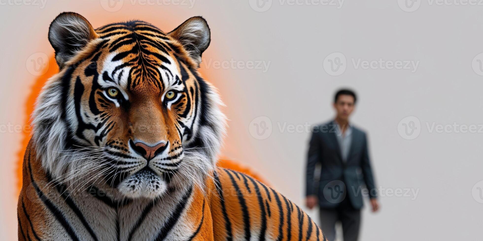 A tiger is shown in a movie poster with a man in the background photo