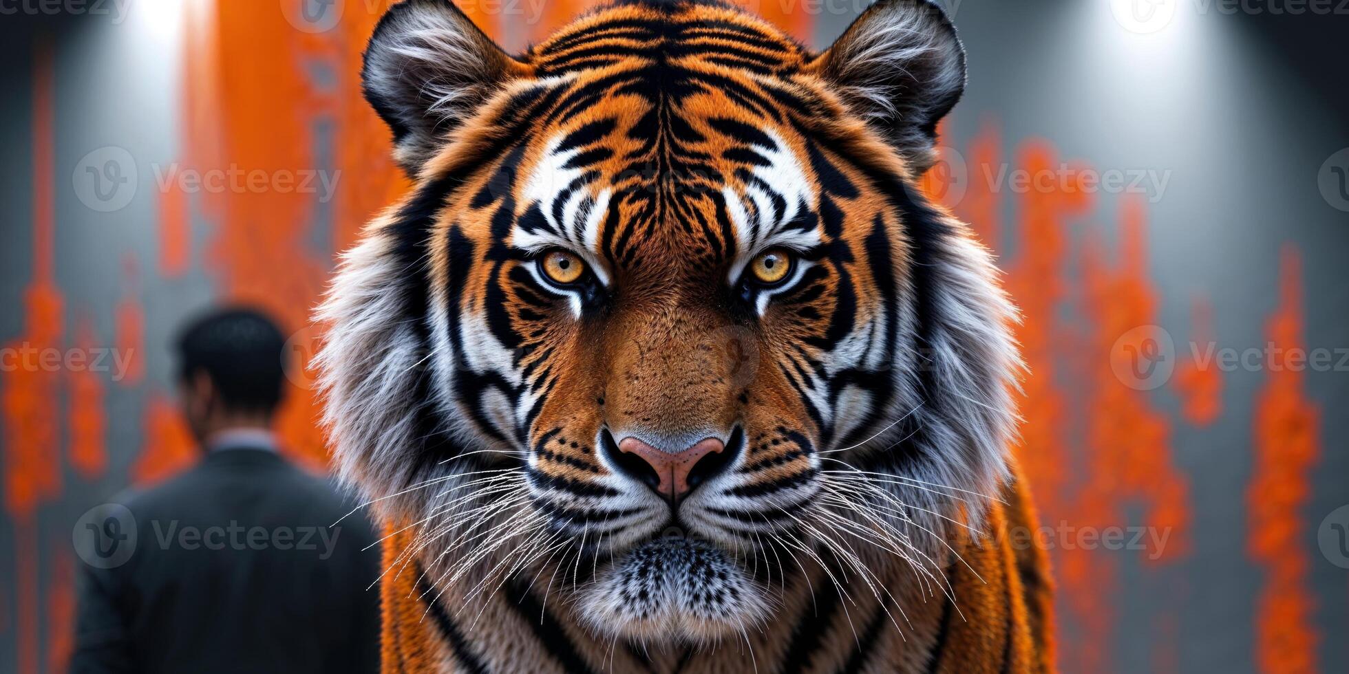 A tiger is shown in a movie poster with a man in the background. photo
