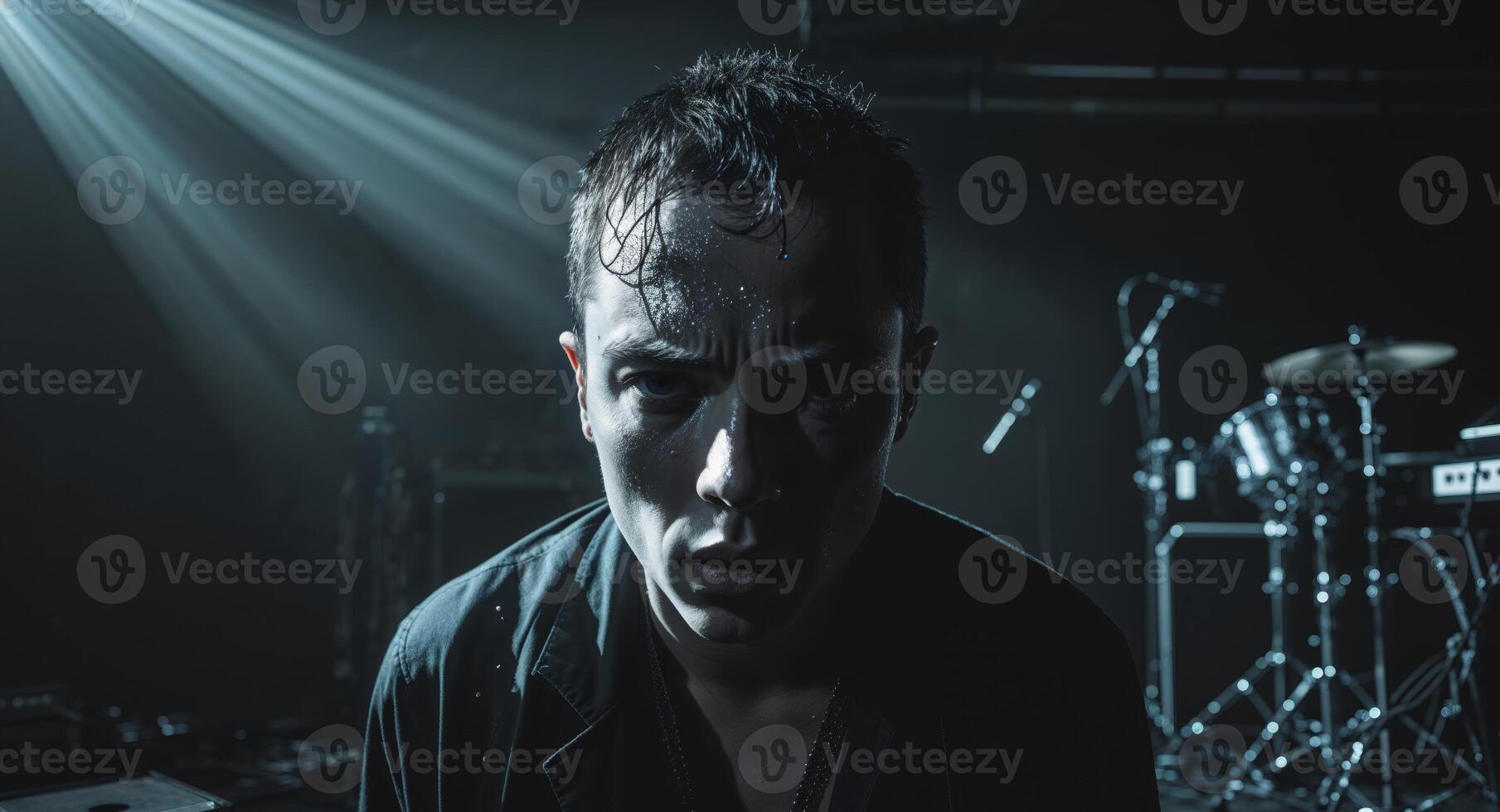 A man in a dark room with a microphone photo