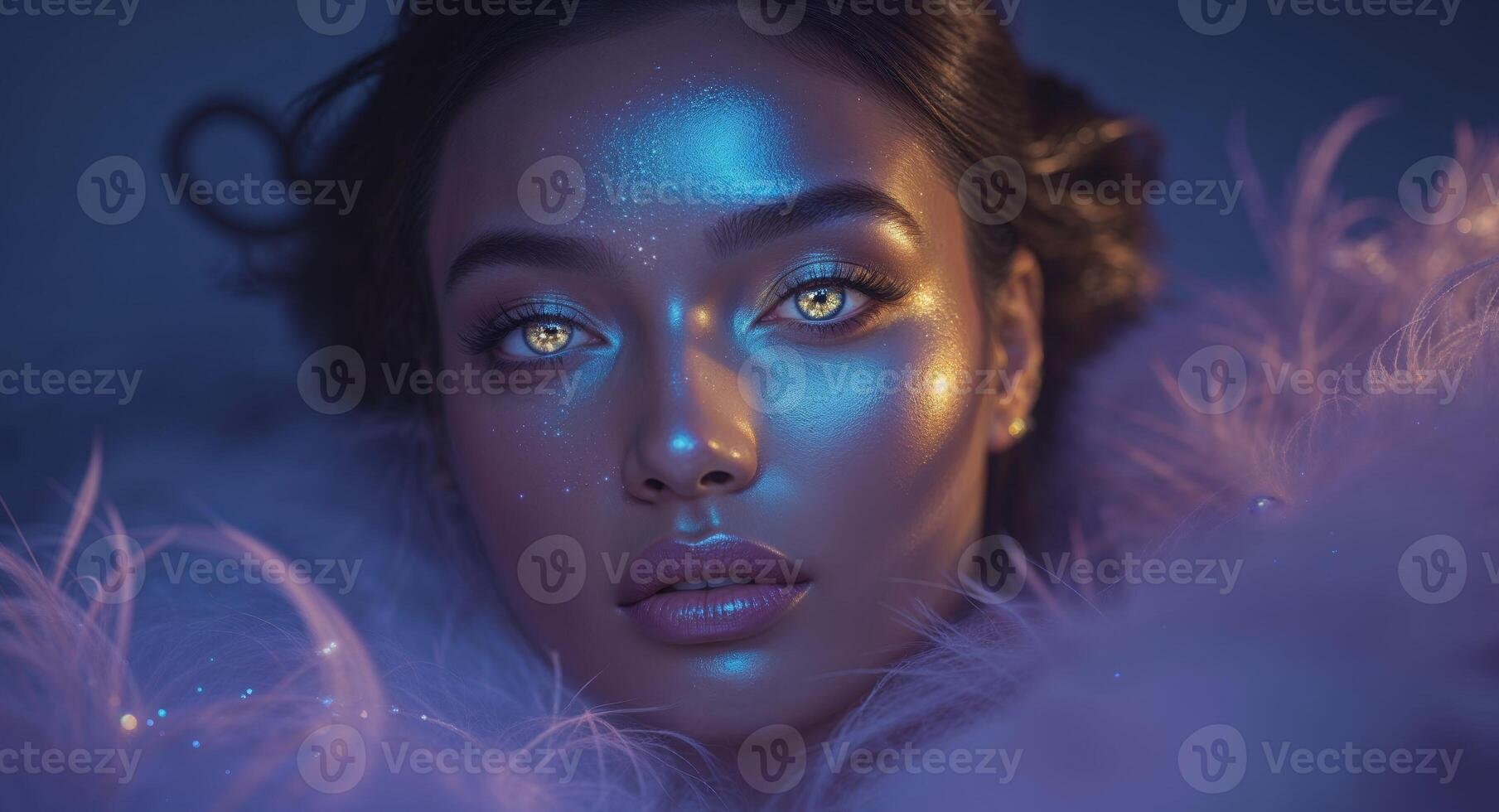 A woman with glowing eyes and feathers photo