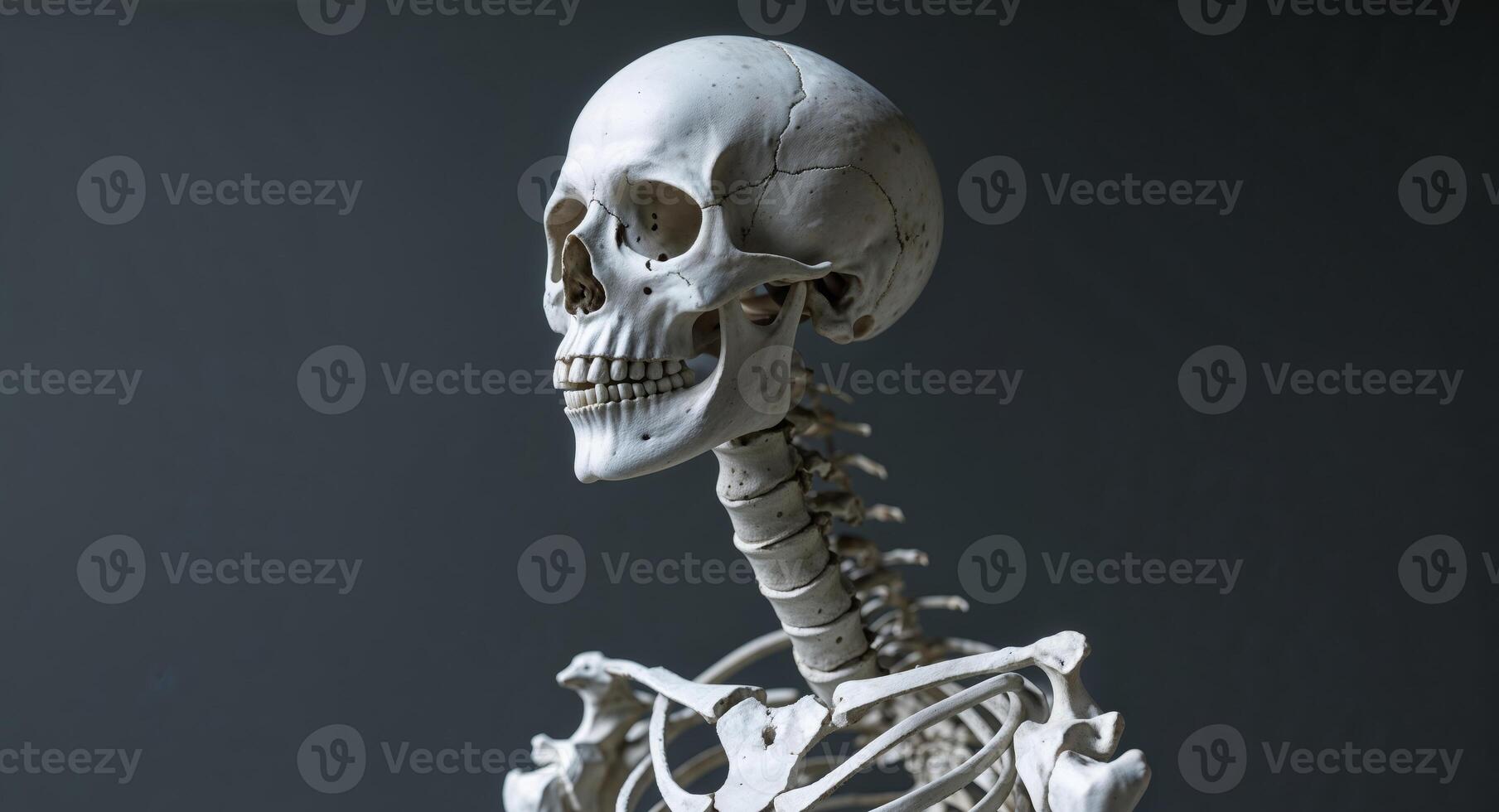 A human skeleton is shown in front of a black background photo