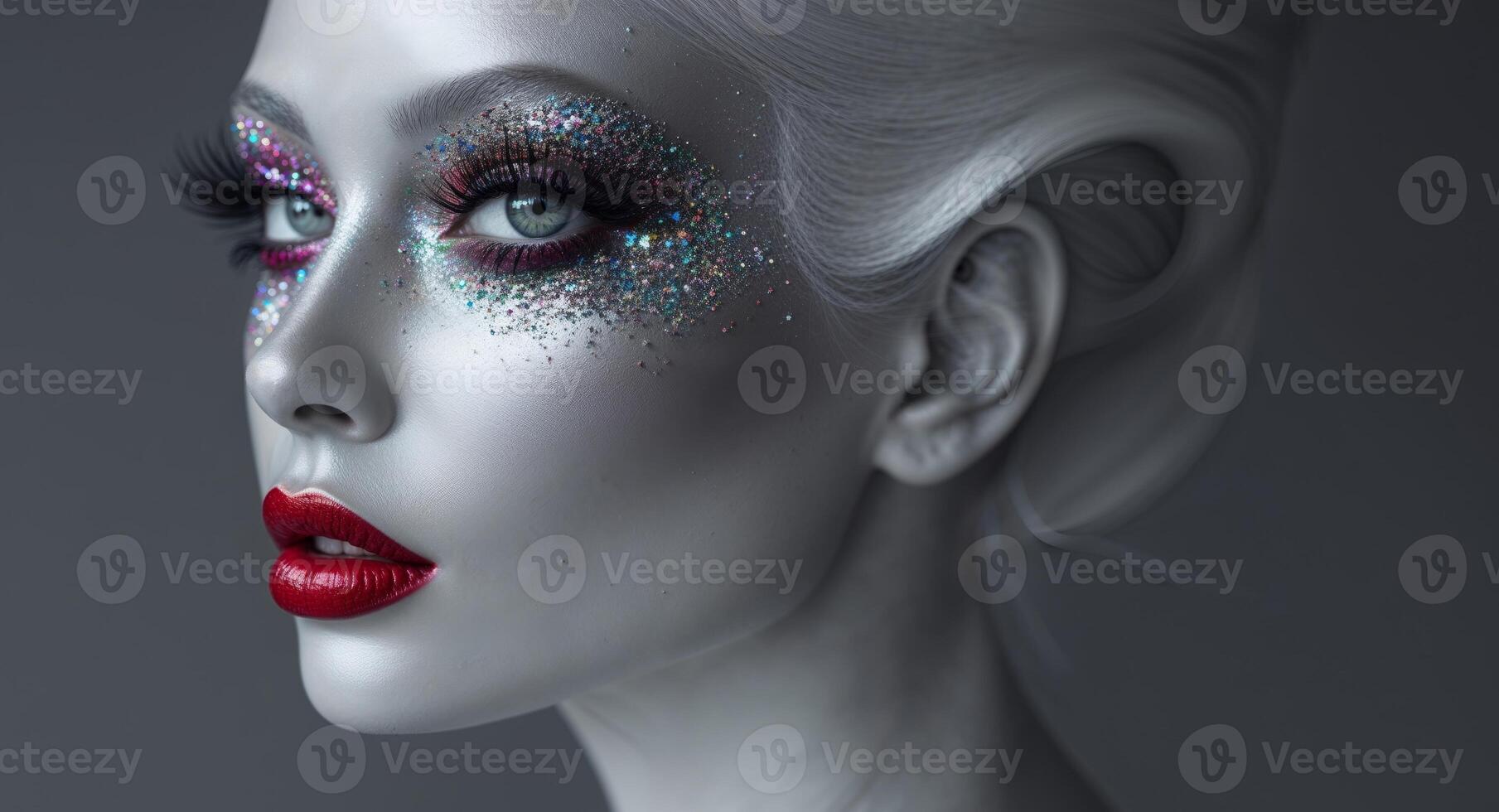A woman with glitter makeup and red lipstick photo