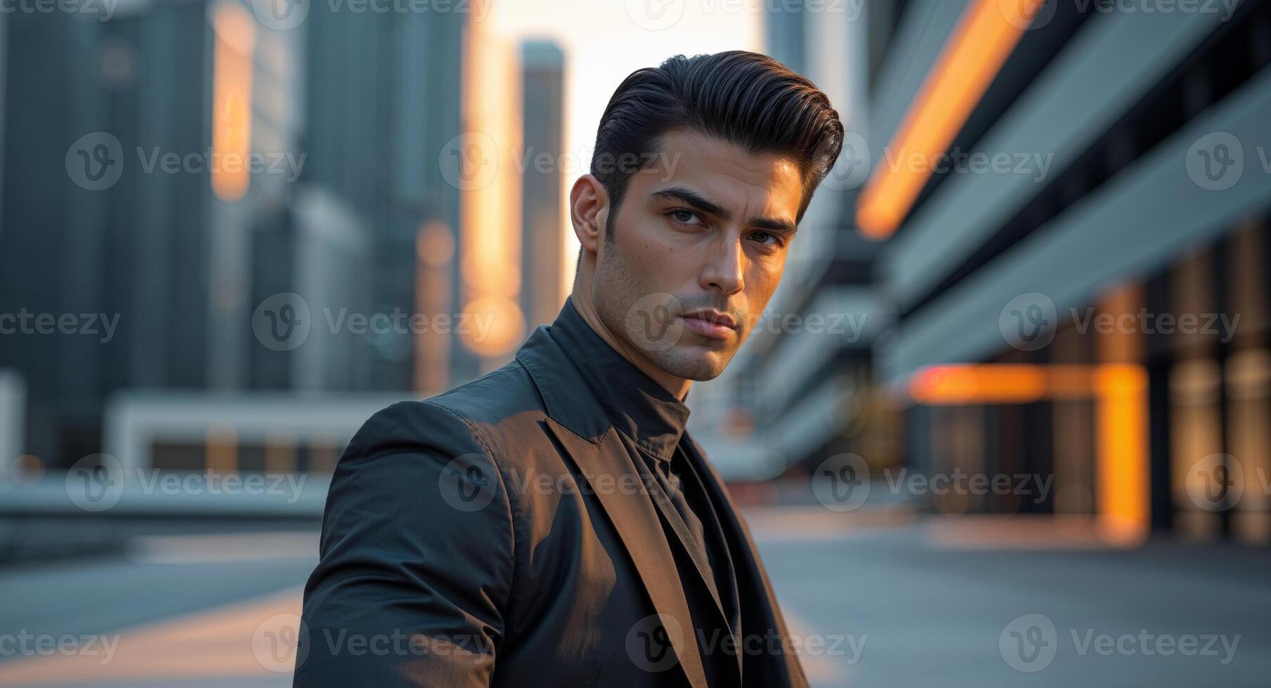 A man in a suit standing in front of a city photo