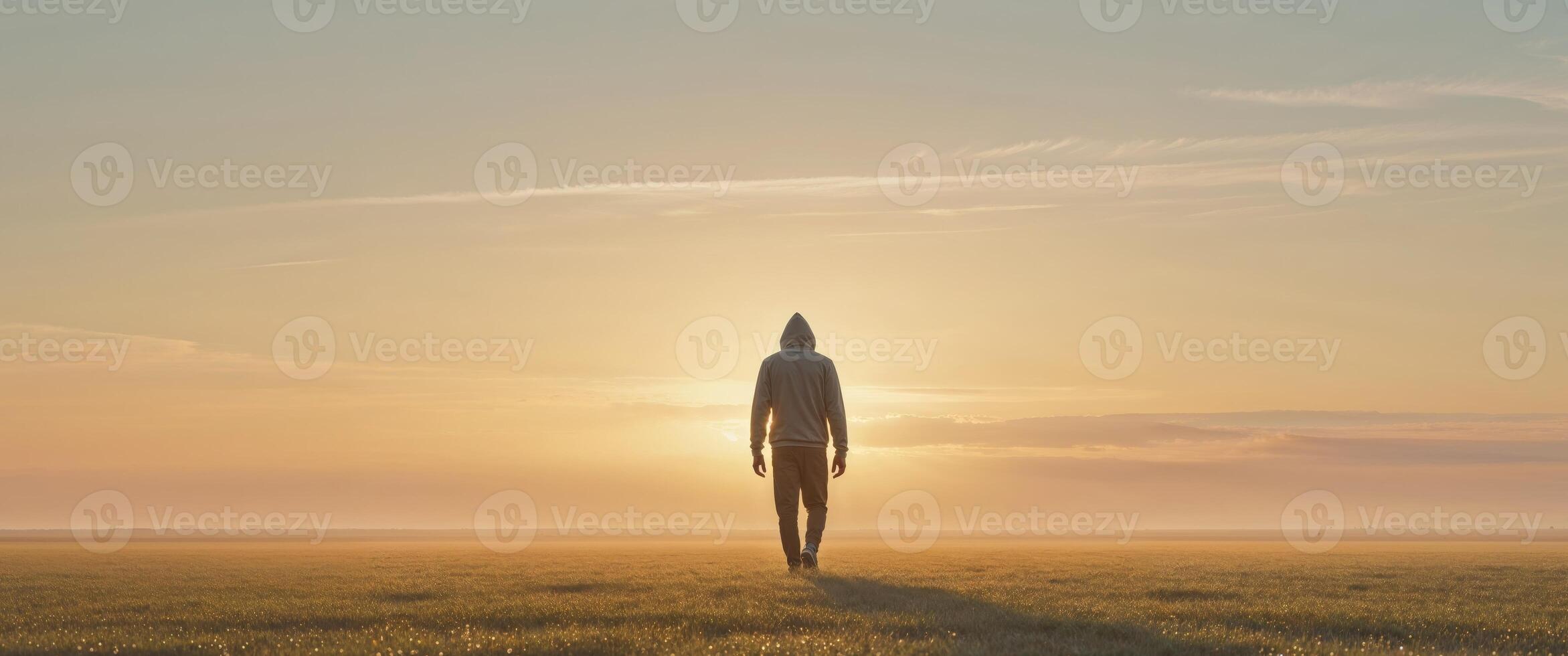 A man stands in the middle of a field at sunset photo