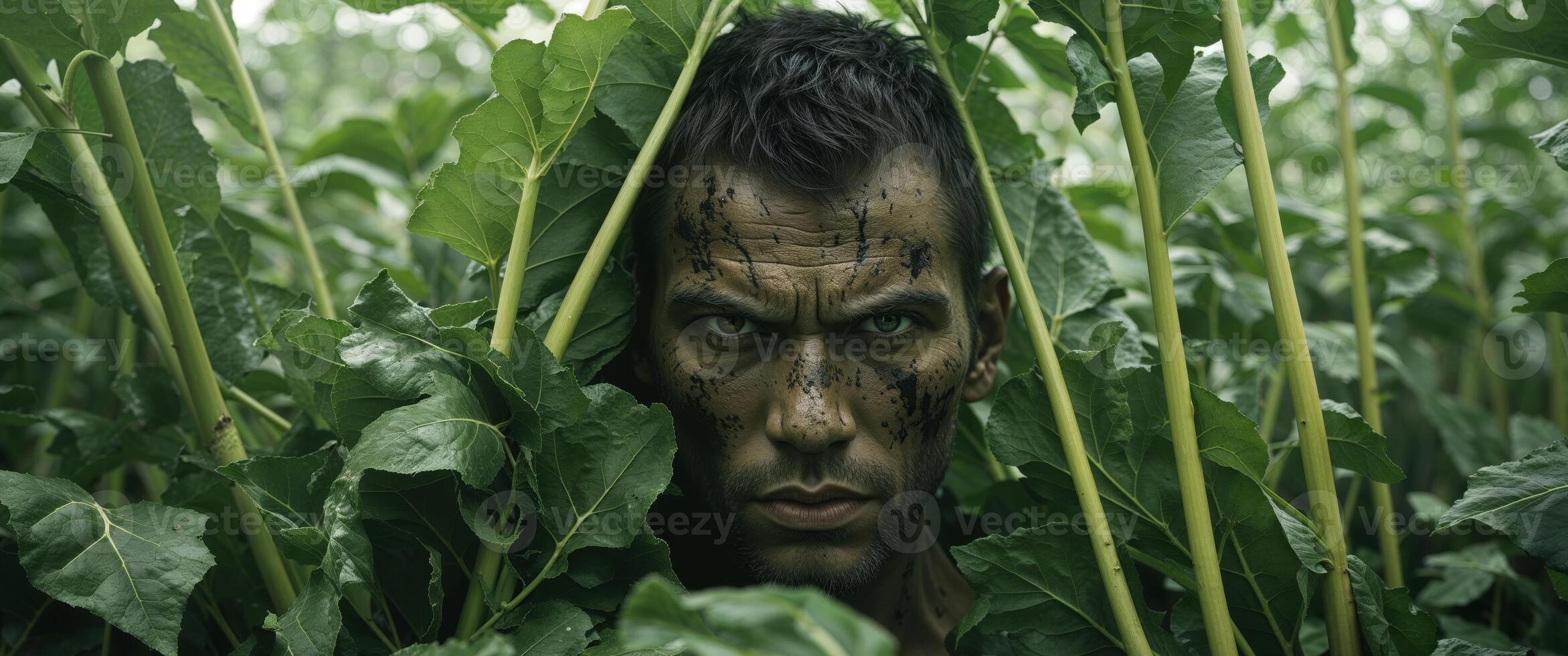 A man is hiding behind some plants photo