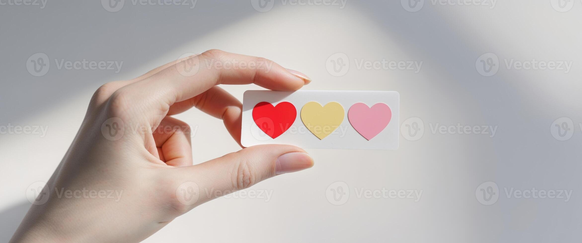 Hand holding a sticker of three hearts in different colors photo