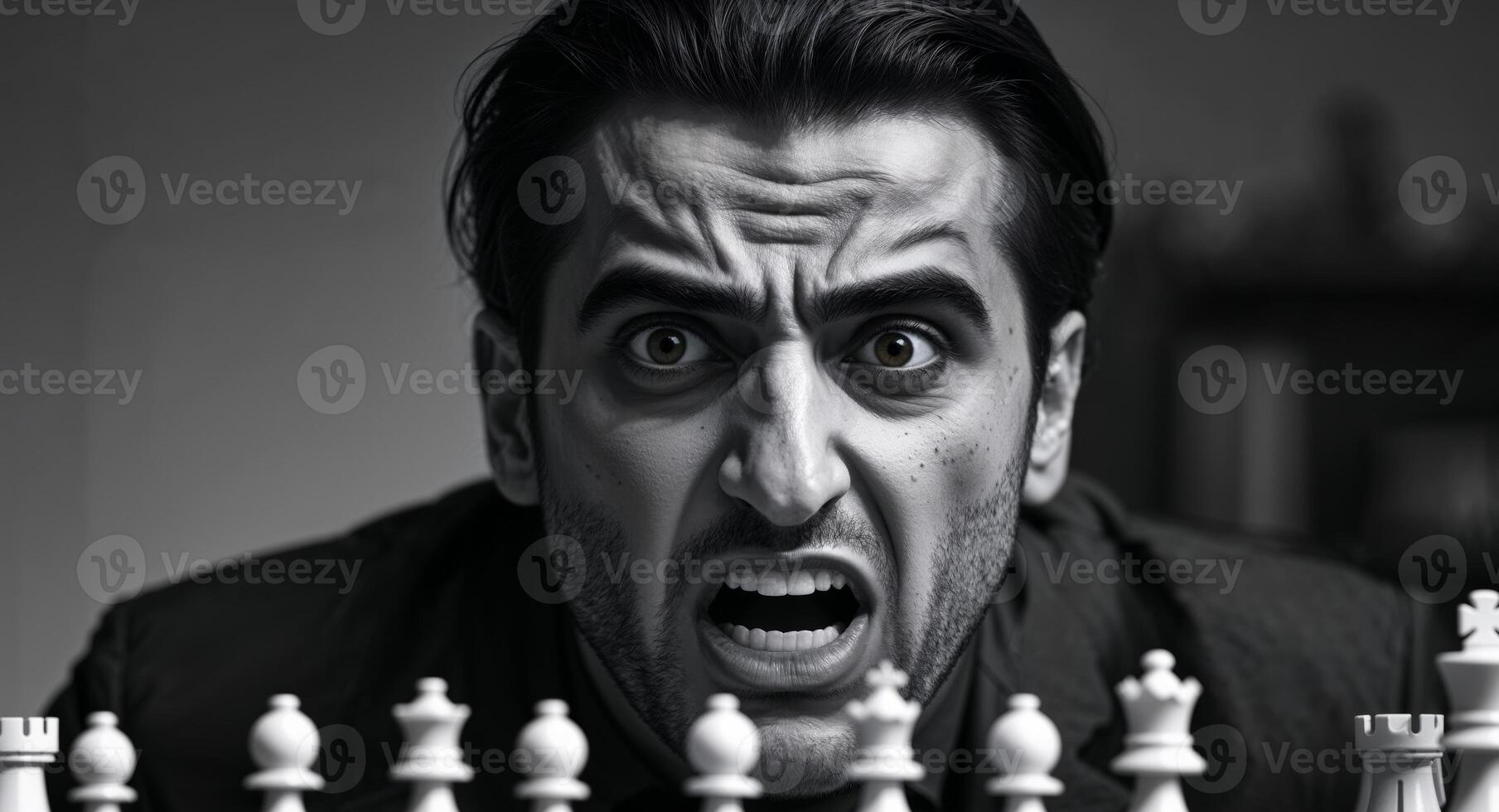 Intense Middle Eastern Man Reacting to Victory in Chess Game with Emotional Expression photo