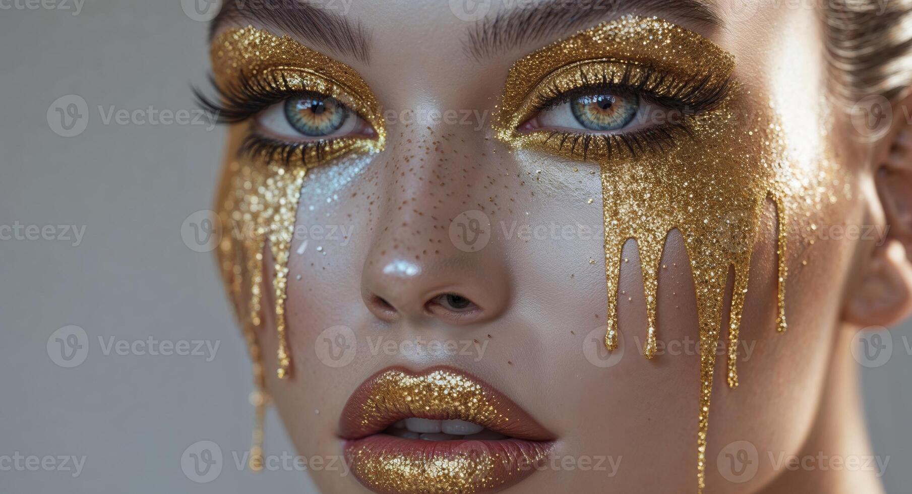 Close up of a females face wearing heavy makeup and dripping with gold glitter. photo