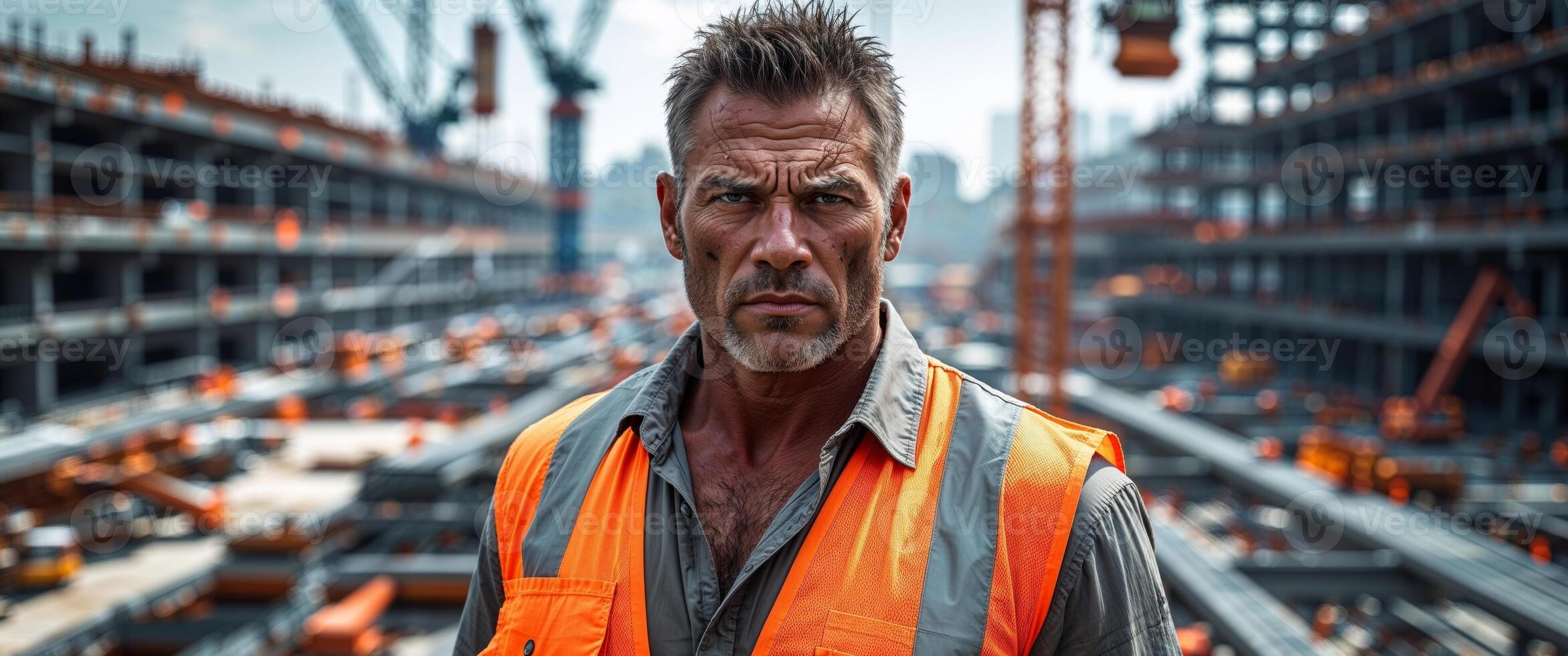 A man in an orange safety vest stands in front of a large construction site photo