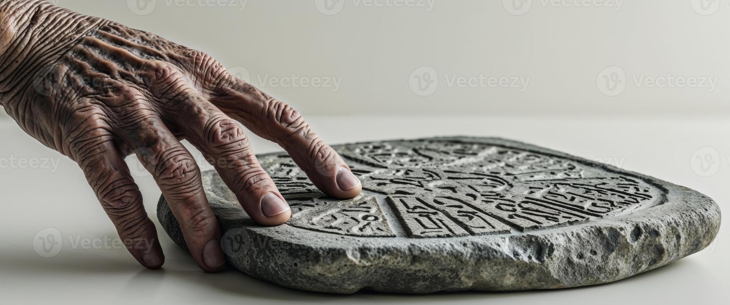 A weathered hand touches a stone tablet with ancient carvings photo