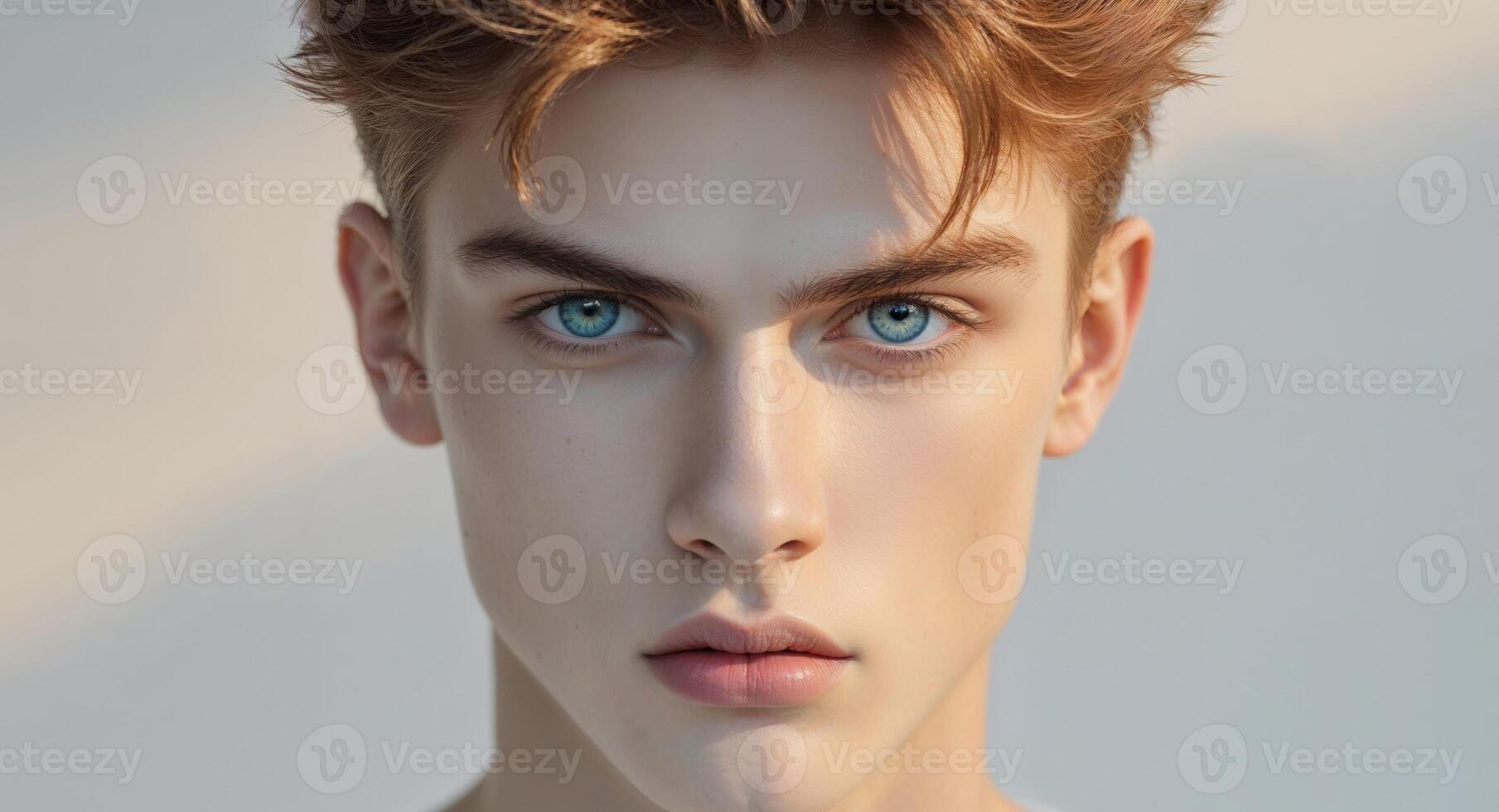 Intense gaze of a young man with striking blue eyes under warm lighting. photo