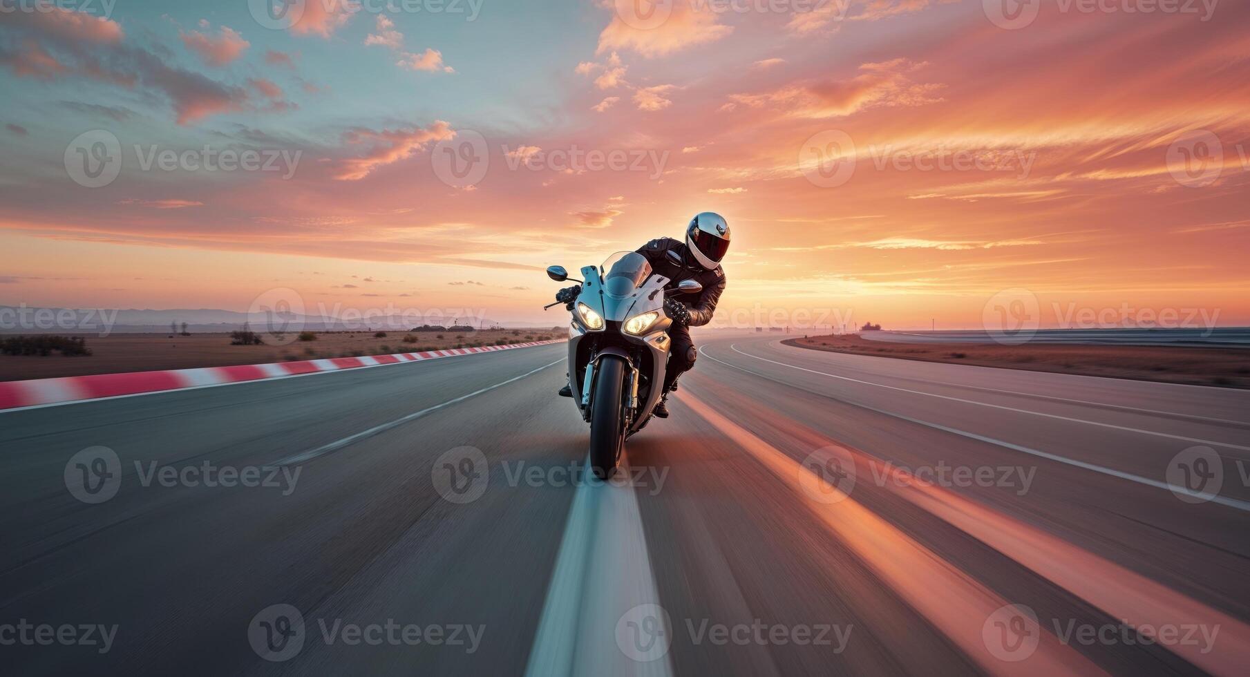 Dynamic Motorcycle Racing Adventure on an Empty Road at Sunset. photo