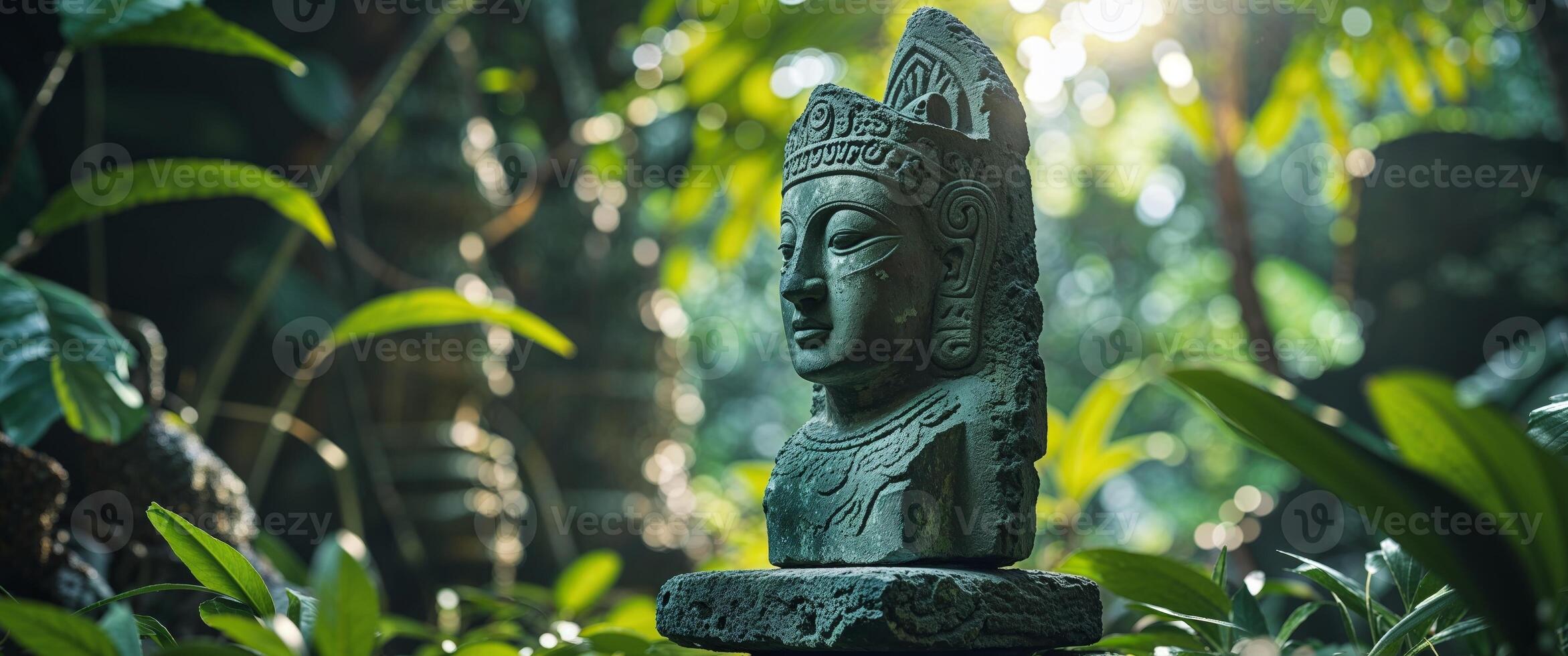 Ancient stone sculpture amidst lush tropical greenery. photo