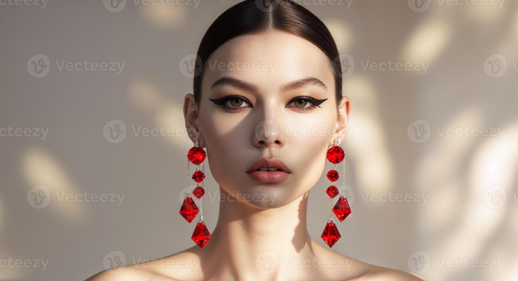 Stunning red crystal earrings on model with dramatic makeup under sunlight photo