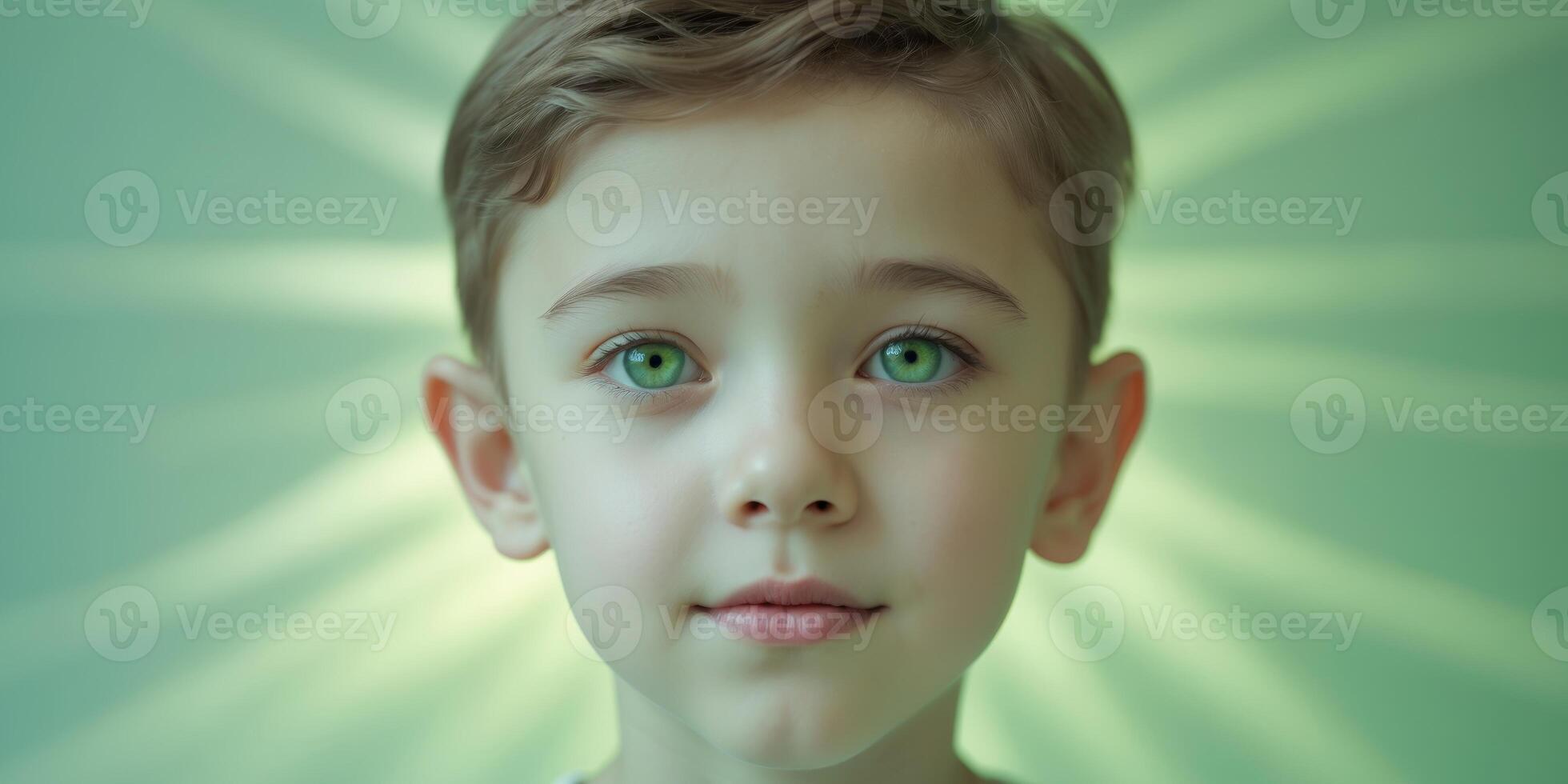 Young boy with striking green eyes surrounded by soft green light rays photo