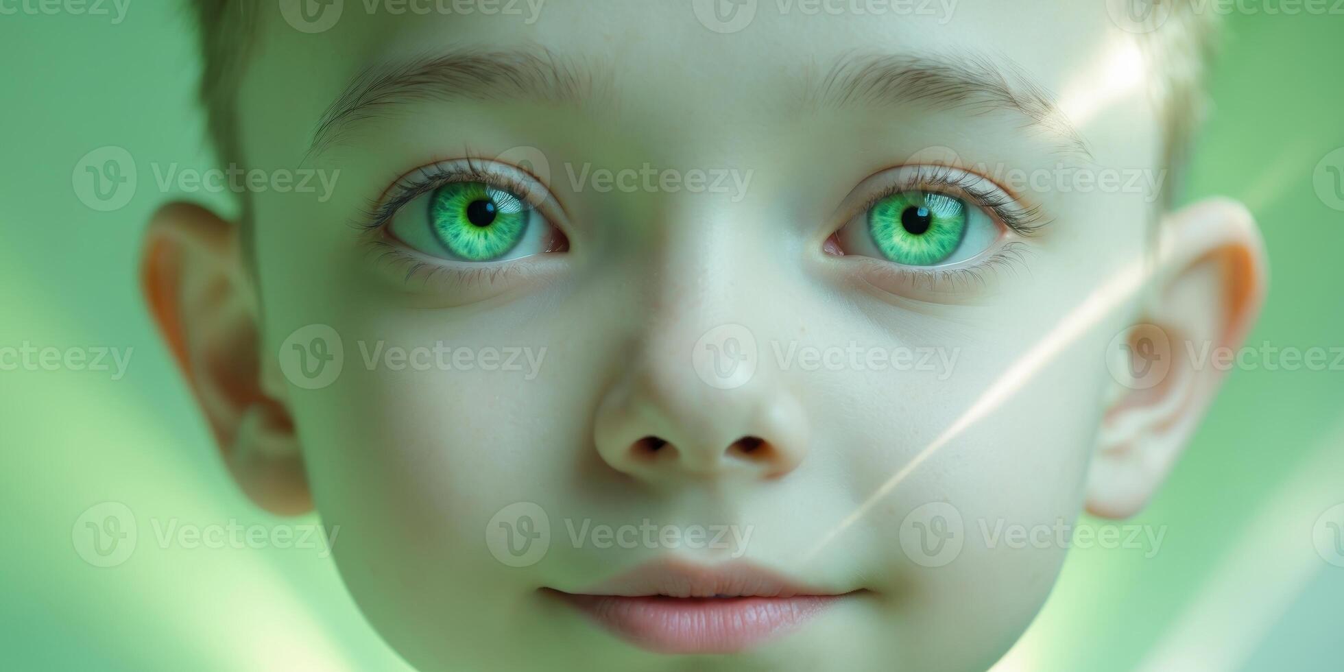 Young boy with striking green eyes surrounded by soft green light rays. photo