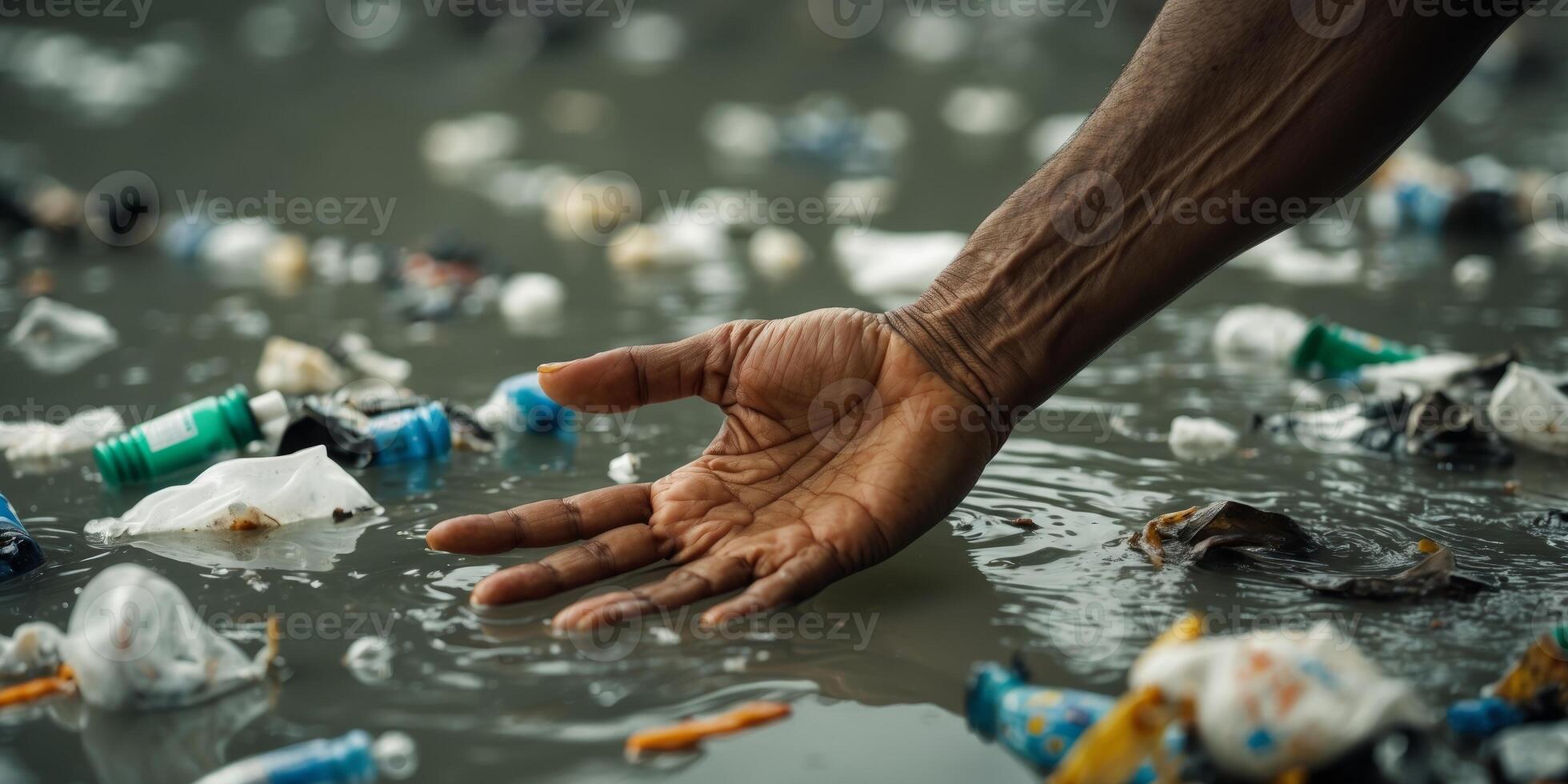 A person reaching out to pick up plastic trash photo
