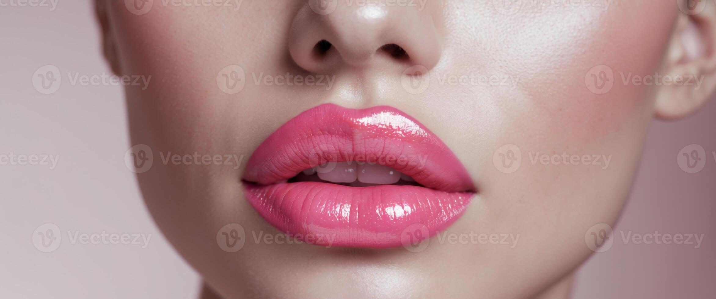 A woman with pink lips and a pink lip gloss photo