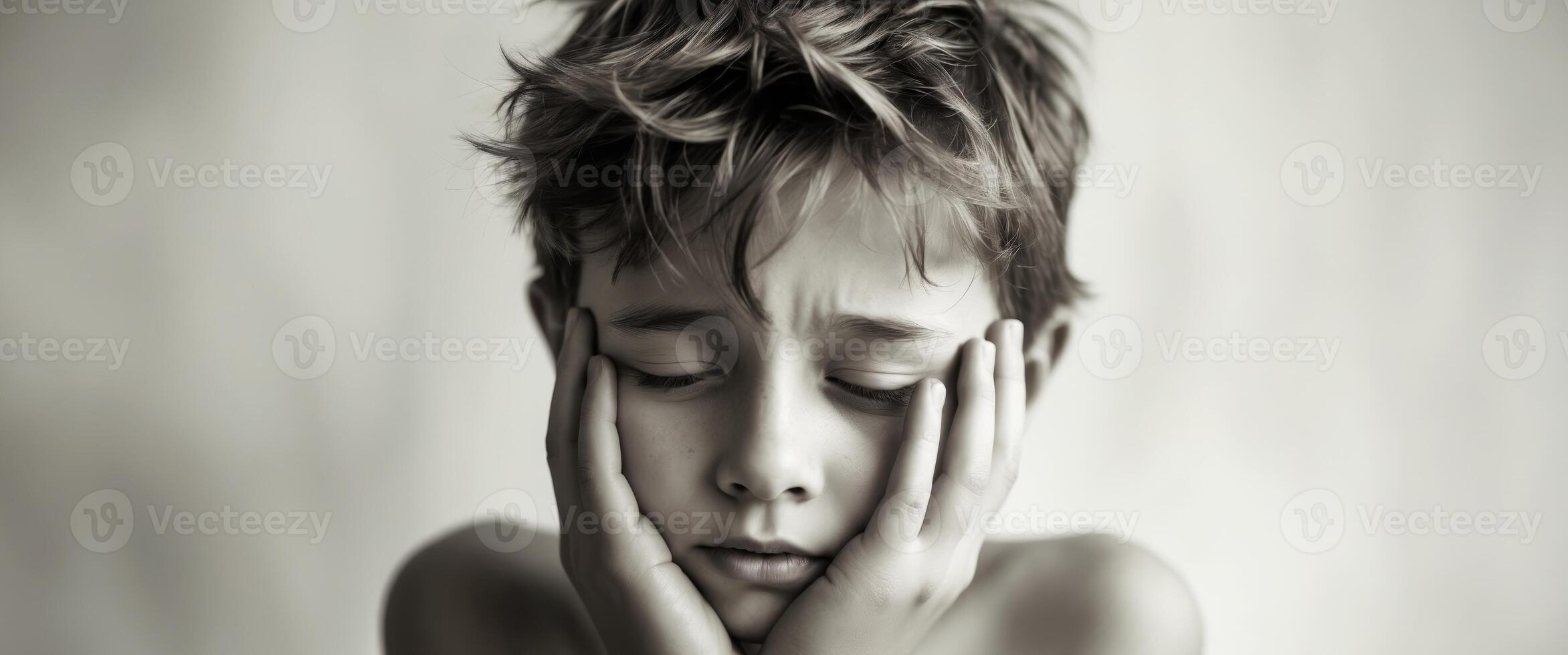 A young boy is holding his head in his hands photo