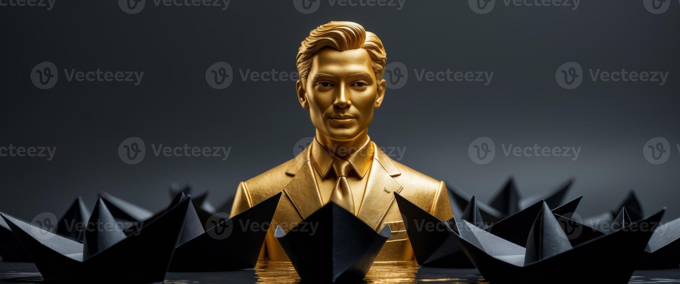 A golden statue of a man surrounded by paper boats photo