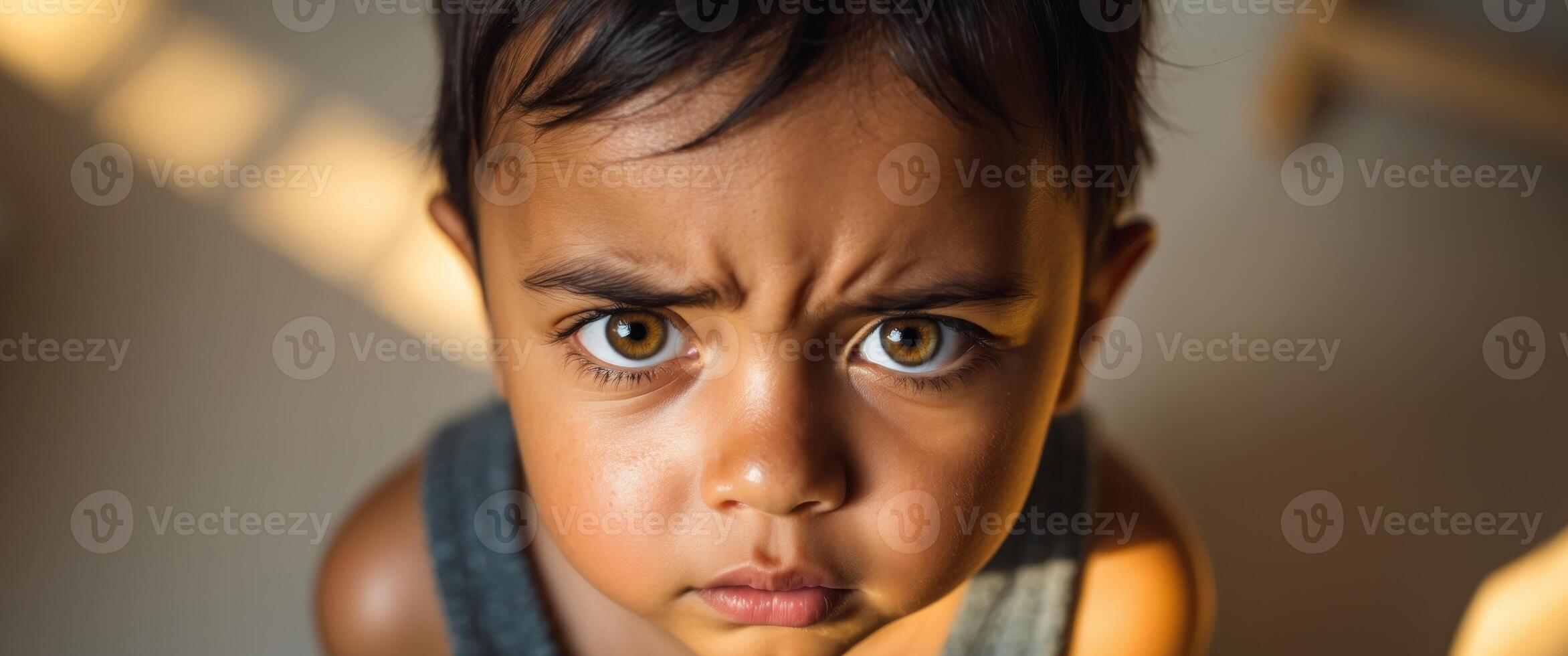 A close up of a young child with an angry look photo