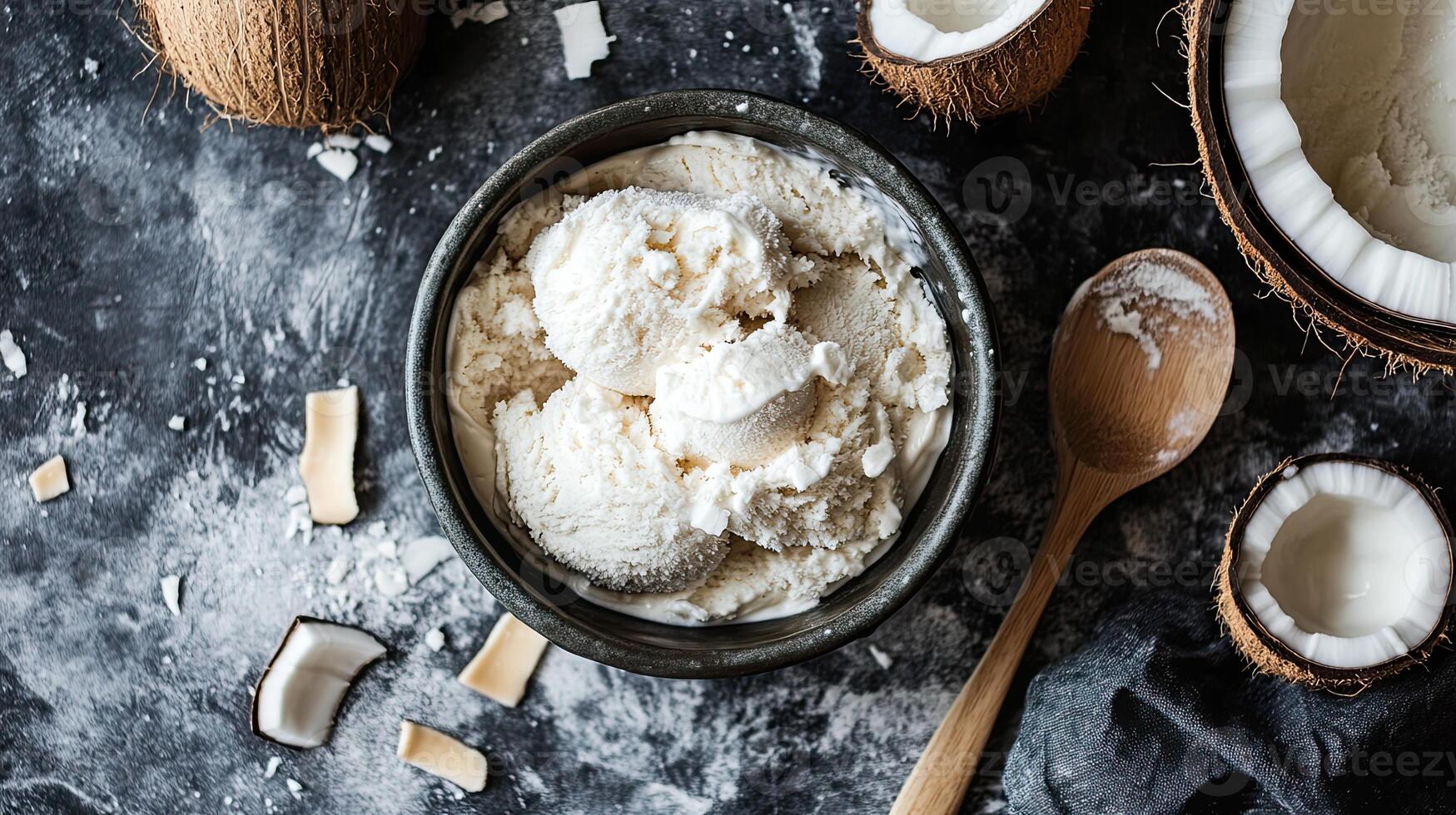 Coconut ice cream with coconut flakes and coconut shells photo