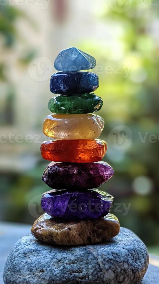 A stack of colorful stones sitting on top of a rock photo