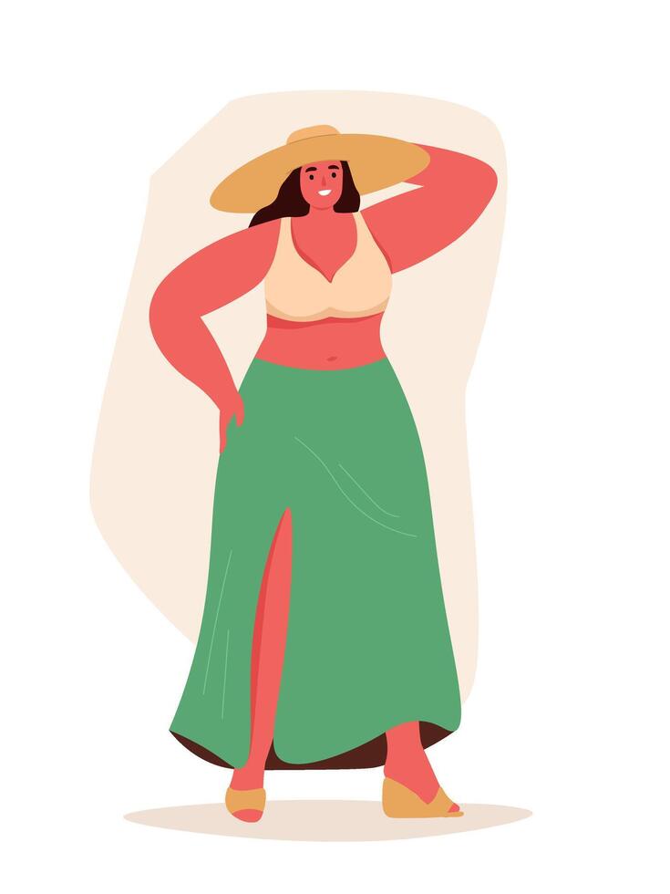 Beautiful plus size girl in summer clothes, sun hat. A woman enjoys her vacation and loves herself. vector