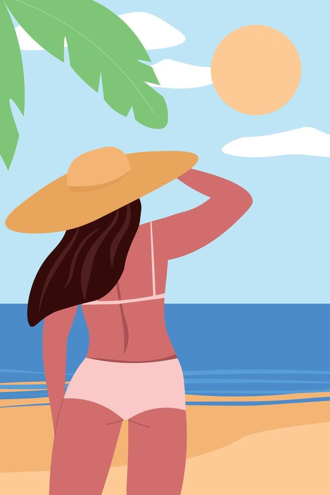 The figure of a woman in a swimsuit and hat back forward on the beach. A girl is resting on the seashore. flat graphics. vector