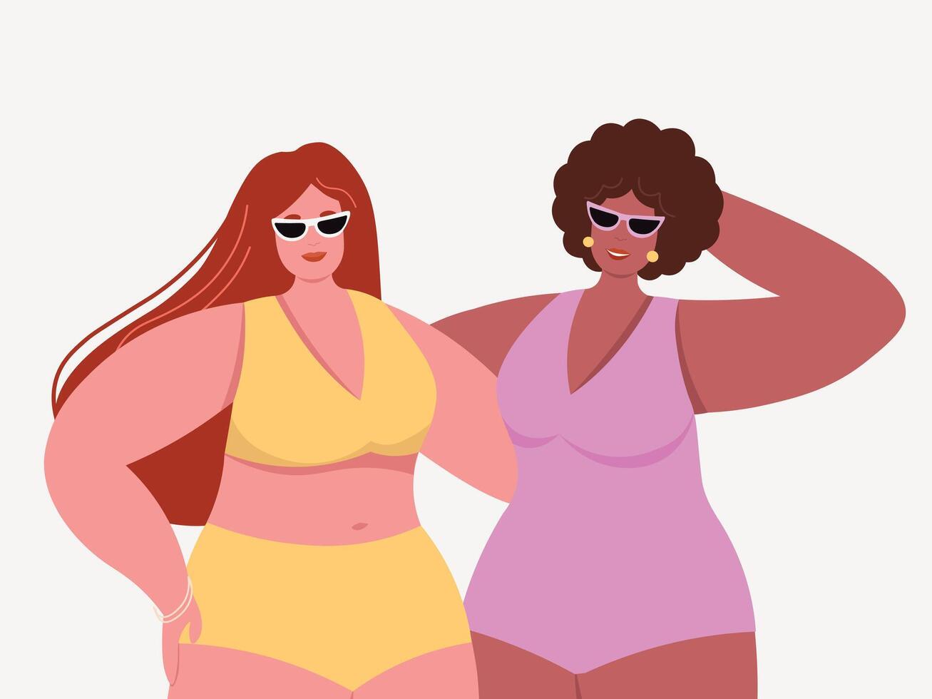 Two women in plus size swimsuits. Girlfriends on vacation in summer. flat graphics. vector