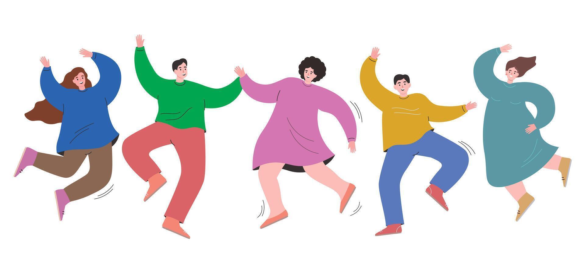 A group of people are dancing and making moves. Happy men and women, young people relax and rejoice. vector