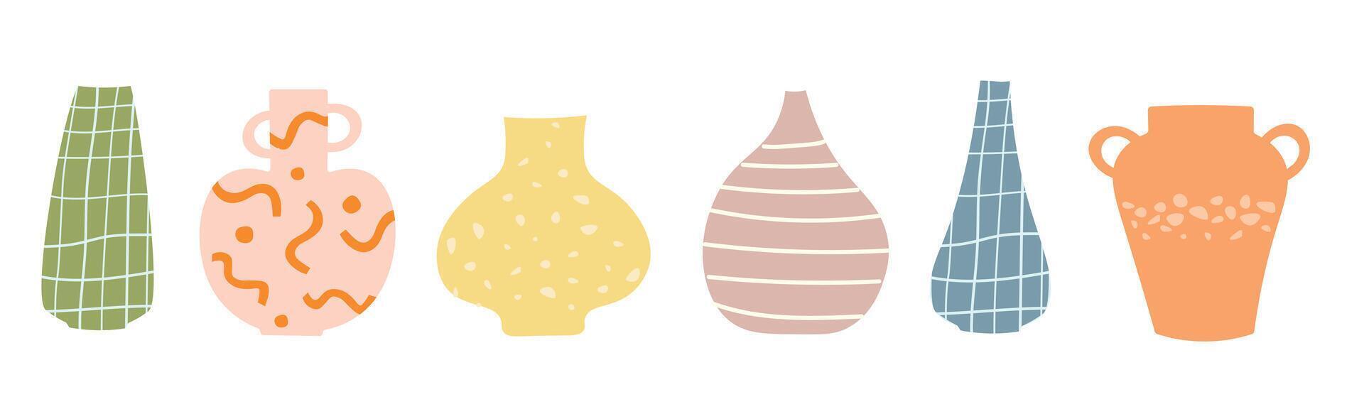 A set of abstract silhouettes of multi-colored vases with ornaments and drawings. flat graphics. vector