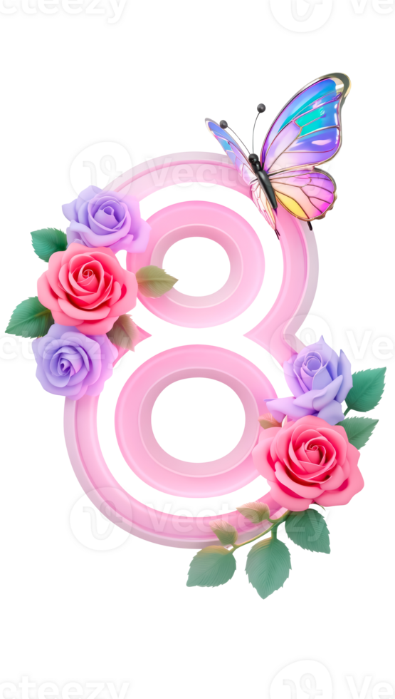 The number 8 in pink with flowers and a butterfly as a symbol of the International Womens Day holiday png