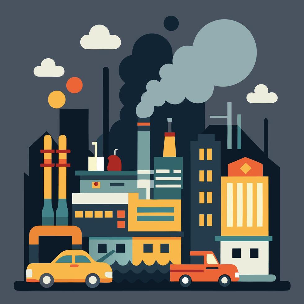 industrial city with factories, cars and smoke vector