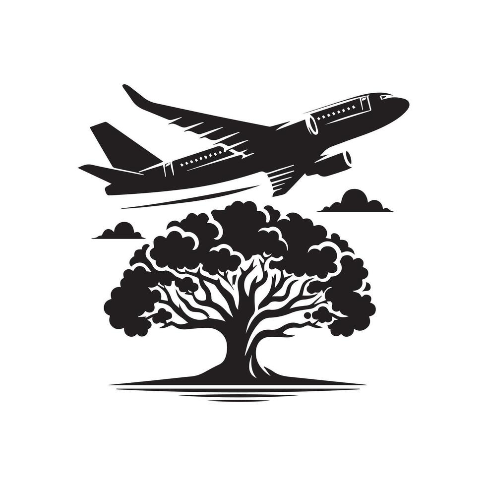 an airplane flying over a tree and clouds vector