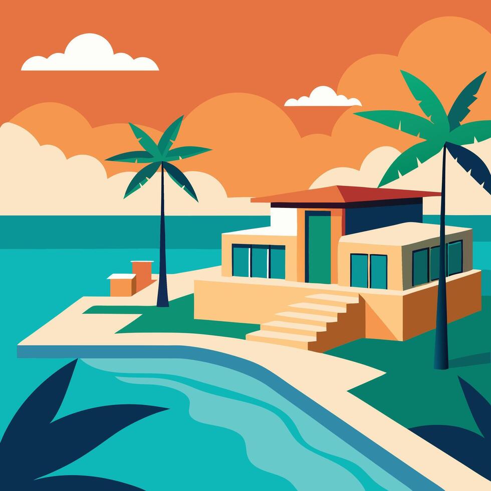 A house on an island with palm trees and water vector
