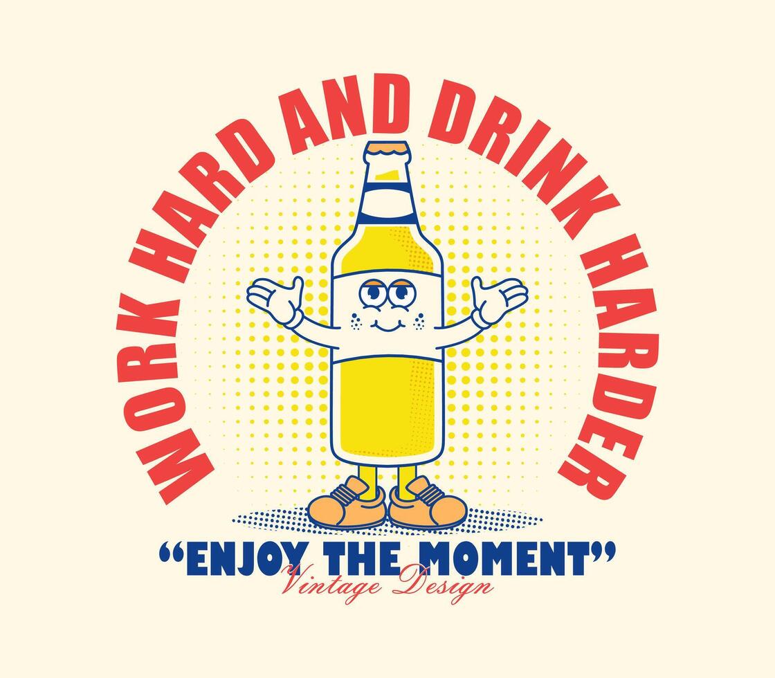 Retro cartoon glass bottle of beer with a funny mascot character illustration. Perfect for t-shirt designs, stickers, and more vector