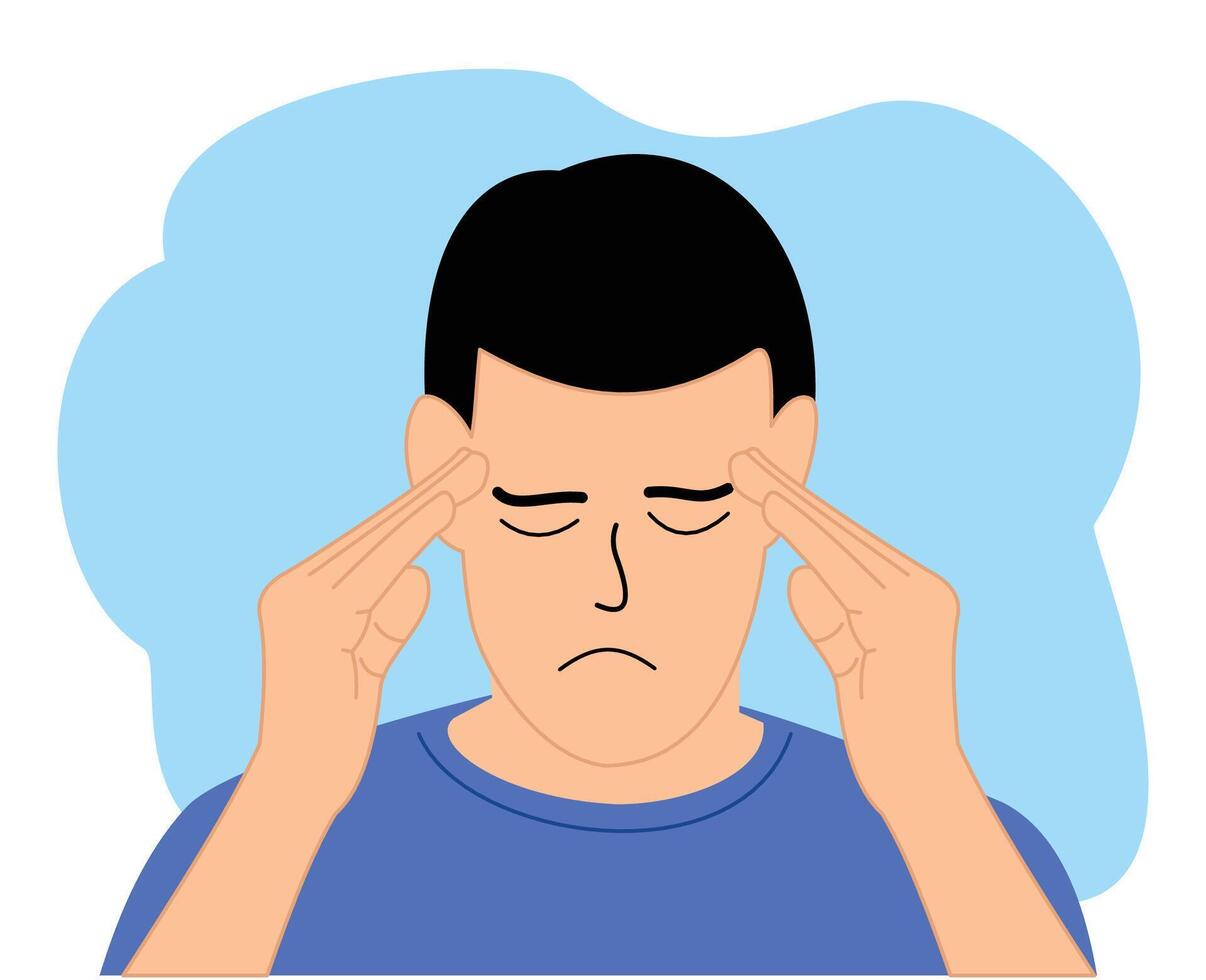portrait of young man suffering from severe headache pressing fingers to temples with closed eyes. A young man holds his head due to illness or stress vector