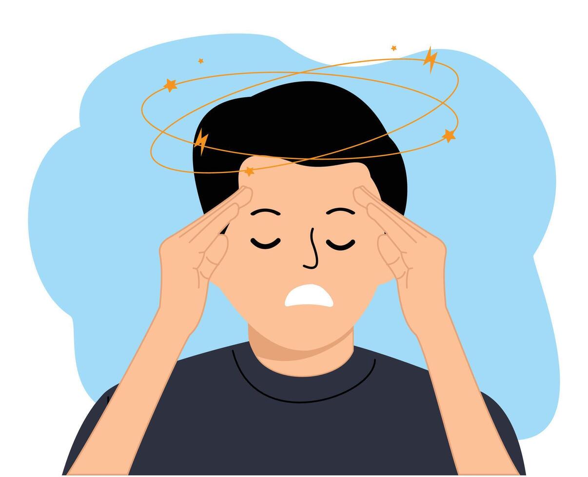 Young Man feeling dizzy with a spinning star above her head. A young man holds his head due to illness or stress vector