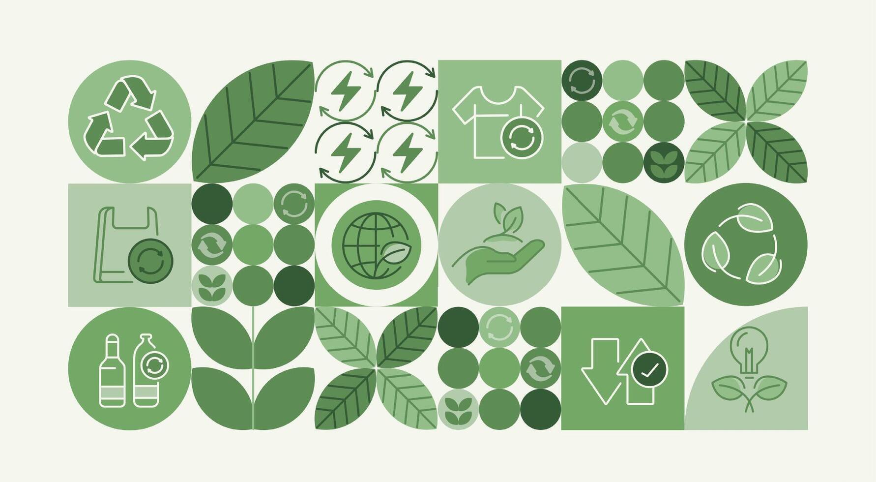 Recycling day. concept for world environment and sustainable development, recycling symbols, bins, plastic bottles, and carbon emission reduction. Illustrated with a green pattern natural shapes vector