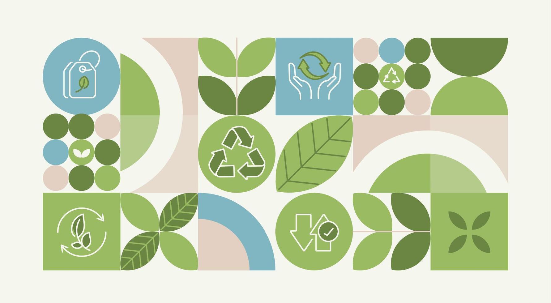 Recycling day. concept for world environment and sustainable development, recycling symbols, bins, plastic bottles, carbon emission reduction. Illustrated with a green pattern natural shapes. vector