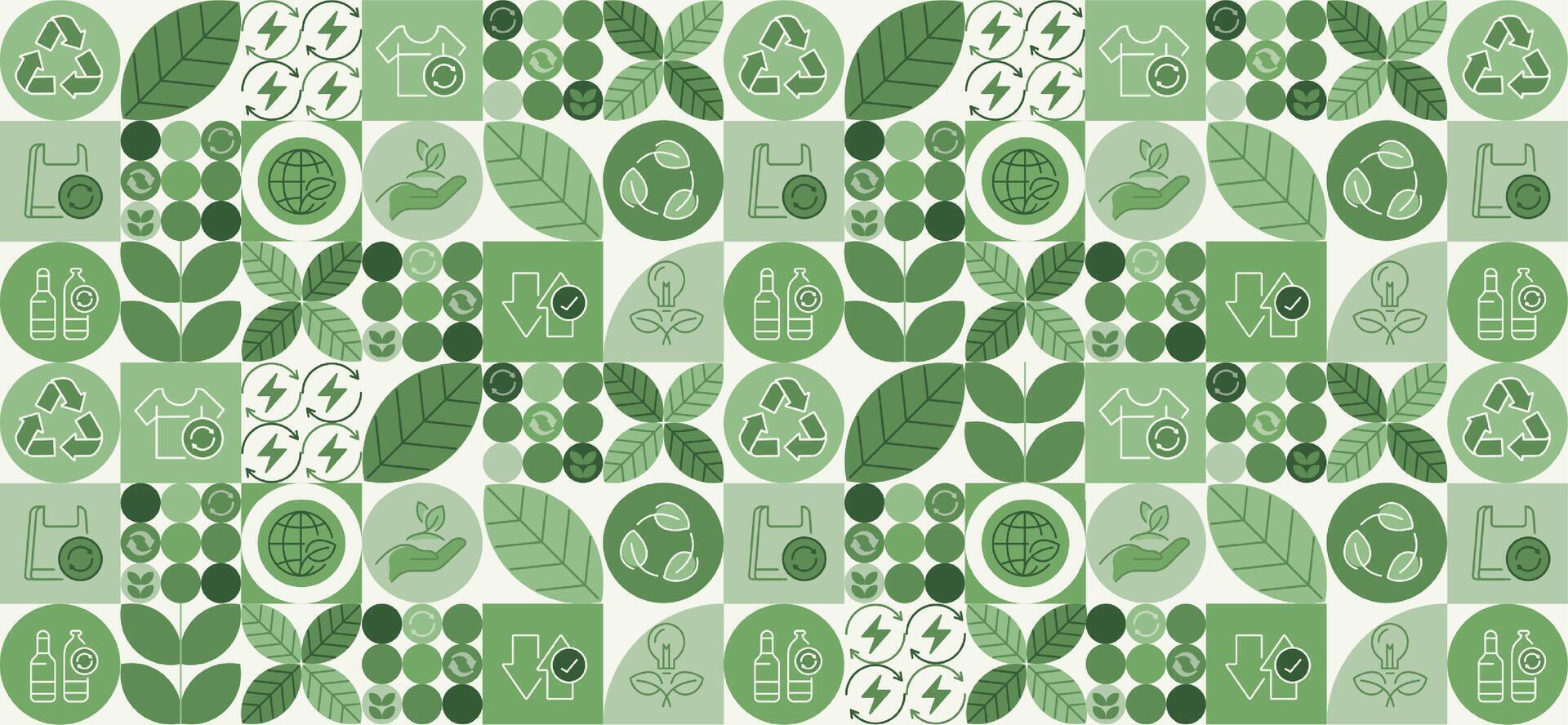 Recycling day. concept for world environment and sustainable development, recycling symbols, bins, plastic bottles, and carbon emission reduction. Illustrated with green pattern natural shapes. vector