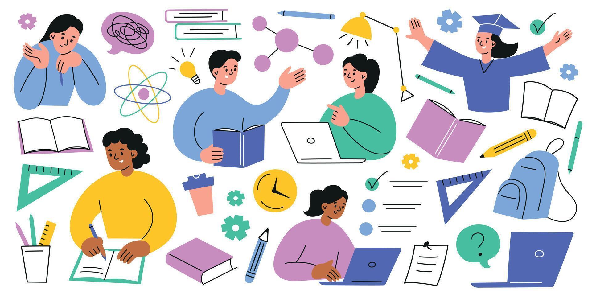 illustration set of education and school items. Books doodles, students learning, writing, studying, teamwork flat composition with cartoon characters, graduation concept, academic subject icon vector
