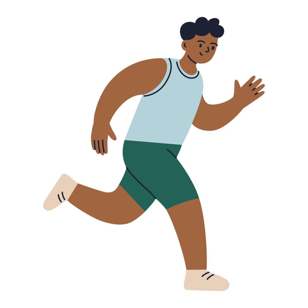Cartoon runner in sports tank top and shorts, jogging or running marathon. Dark skinned athlete in motion. illustration in flat style, man training cardio exercise, sportsman in competition vector
