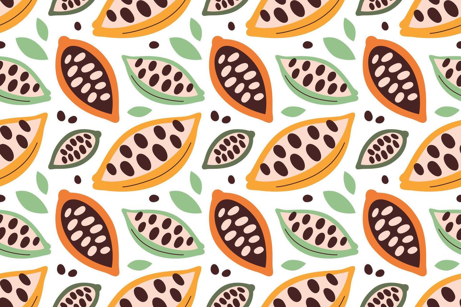 Seamless pattern with cocoa beans and leaves. Colorful tropical design for chocolate packaging, confectionery, eco food, or fabric print. illustration in flat doodle style, cacao fruit tiles vector