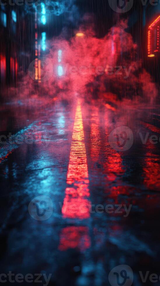 Urban alleyway illuminated by neon lights and rain creating a mysterious atmosphere at night photo
