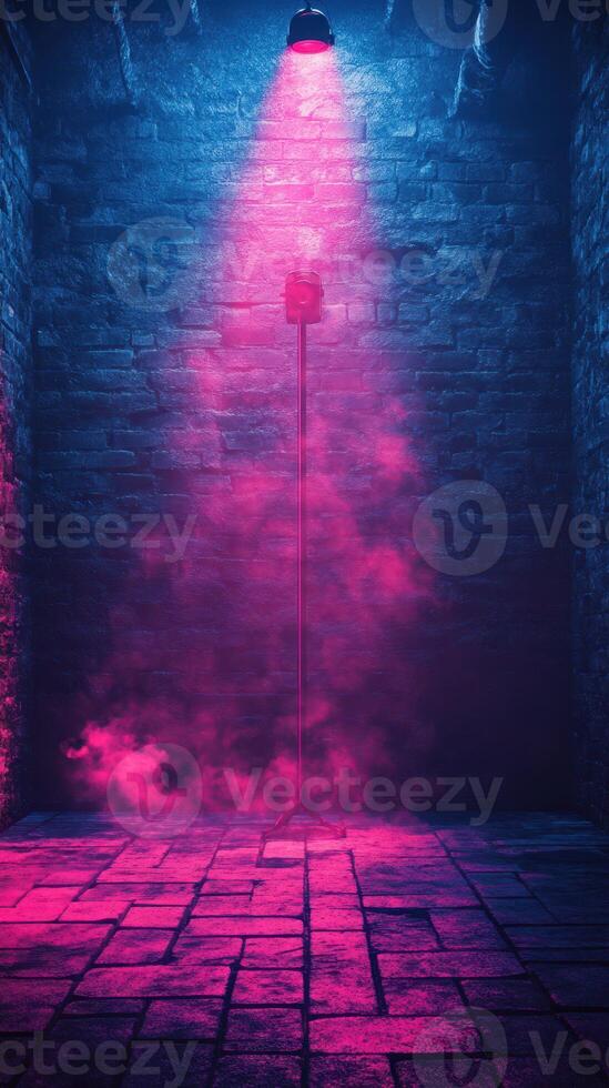 Neon-lit microphone standing alone in a misty, dark venue creating a dramatic atmosphere for a performance photo