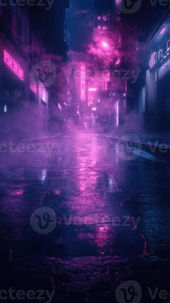 Neon-lit alleyway showcases vibrant urban nightlife in a rain-soaked cityscape during late evening hours photo