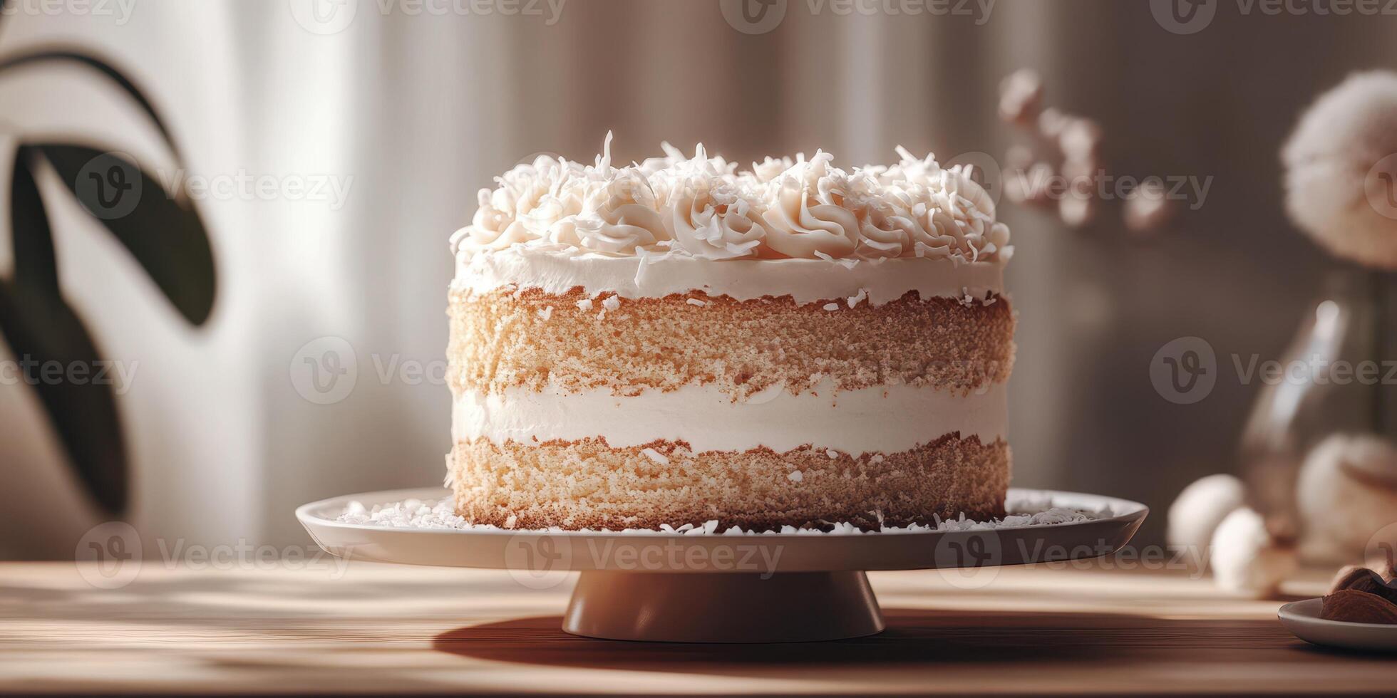 Delicious layered cake decorated with frosting and coconut on a wooden table in natural light photo